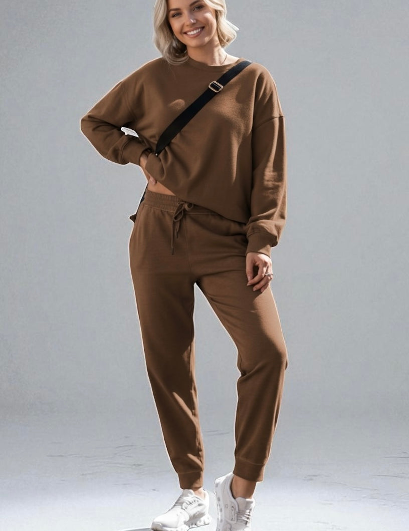 Side Slit Round Neck Long Sleeve Top and Pants Set | Loungewear Sets Daverri Fashions