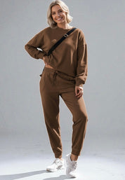Side Slit Round Neck Long Sleeve Top and Pants Set | Loungewear Sets Daverri Fashions