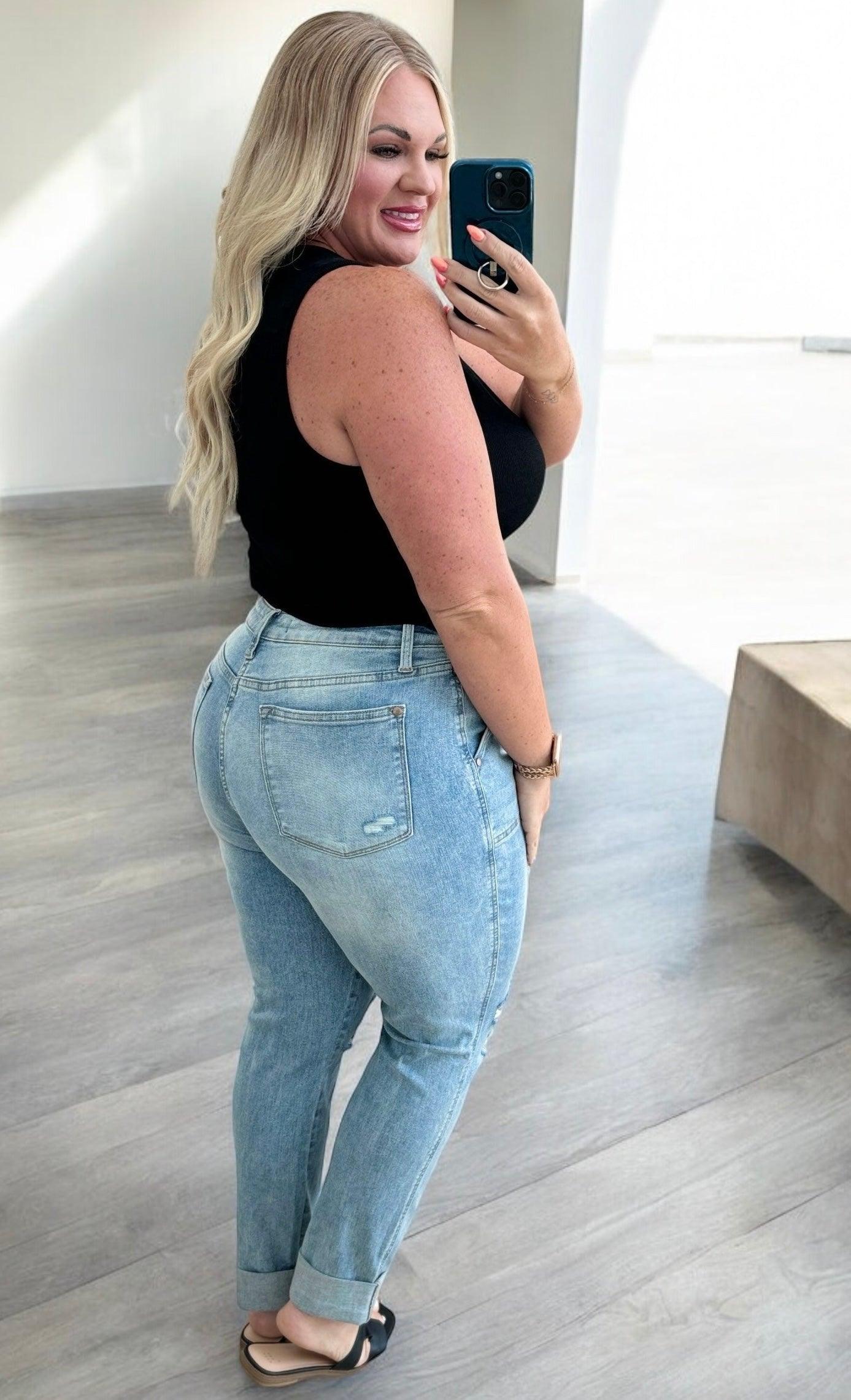 Judy Blue High Rise Patch Pocket Distressed Boyfriend Jeans | Jeans Daverri Fashions