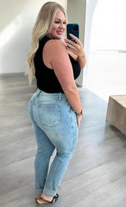 Judy Blue High Rise Patch Pocket Distressed Boyfriend Jeans | Jeans Daverri Fashions