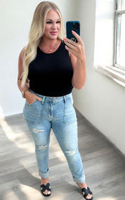 Judy Blue High Rise Patch Pocket Distressed Boyfriend Jeans | Jeans Daverri Fashions