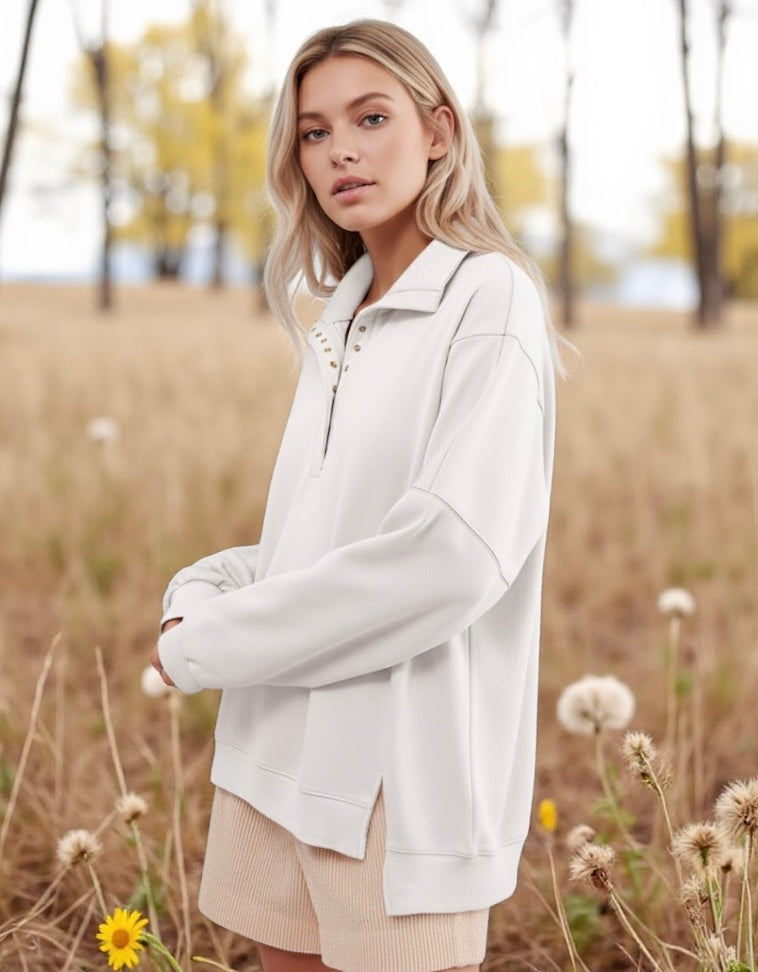 Buttoned Collared Raw Detail High Low Baggy Sweatshirt with Slits | Sweatshirts Daverri Fashions