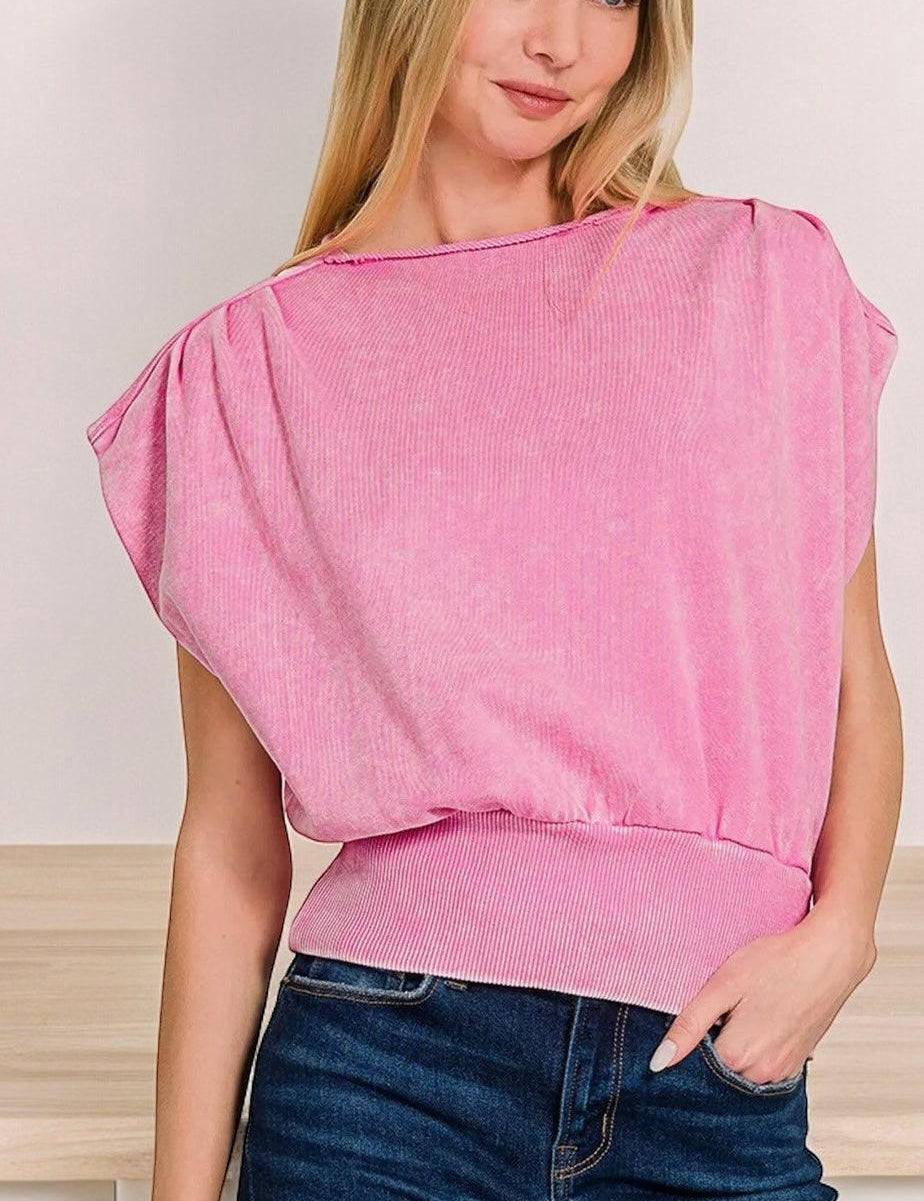 Washed Boat Neck Dolman Sleeve Top | Tops Daverri Fashions