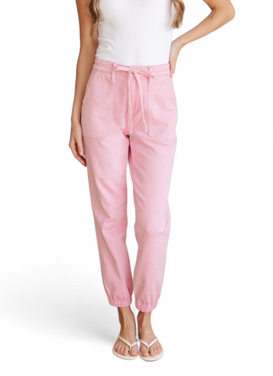 High Rise Pink Denim Joggers | Denim Joggers Daverri Fashions