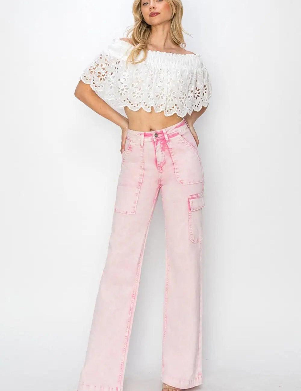 RISEN High Rise Cargo Pocket Jeans Plus Size | Jeans Daverri Fashions