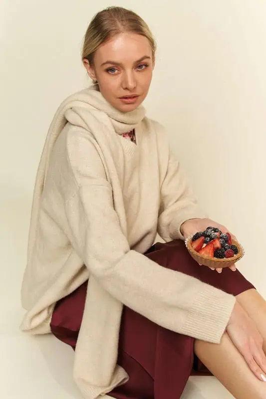 Davi & Dani V-Neck Dropped Shoulder Sweater with Scarf | Sweaters Daverri Fashions