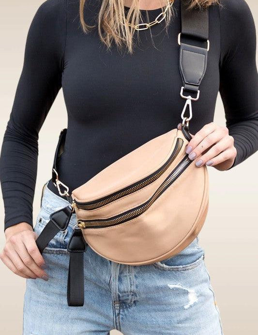 Almond OneSize Double Zip Nylon Crescent Crossbody Bag | Handbags Daverri Fashions