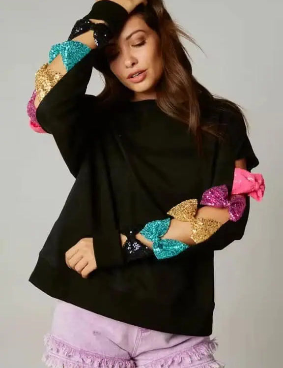 Sequin Bow Cutout Round Neck Sweatshirt | Sweatshirts Daverri Fashions