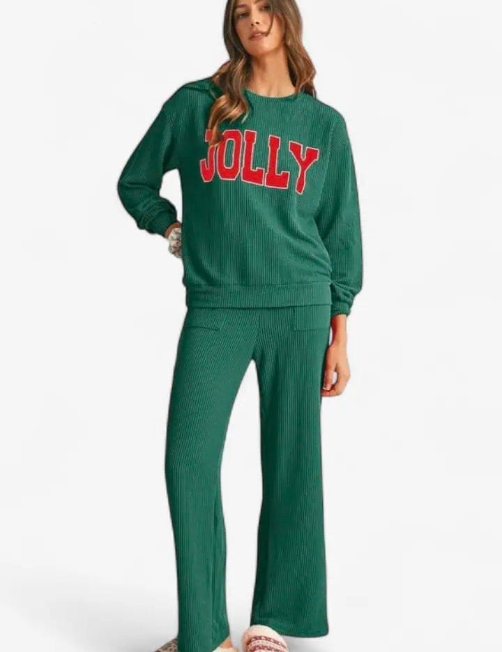 Crinkle Rib JOLLY Pattern Top and Pockets Pants Set | Loungewear Sets Daverri Fashions