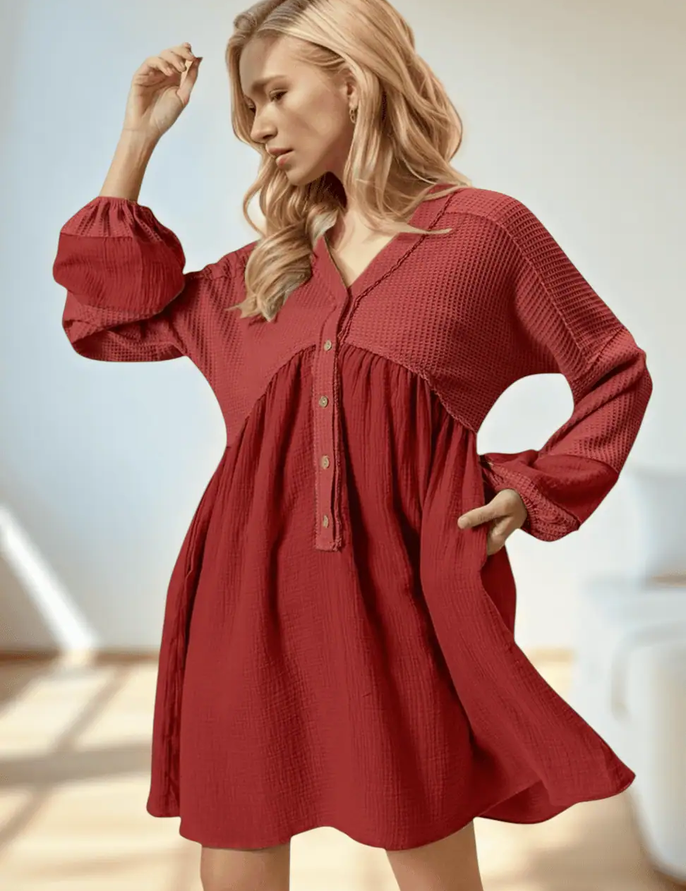 Double Take Waffle-Knit Contrast Half Button V-Neck Long Sleeve Mini Dress | Mini Dresses Daverri Fashions
