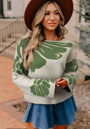 Leaf Round Neck Long Sleeve Sweater | Sweaters Daverri Fashions