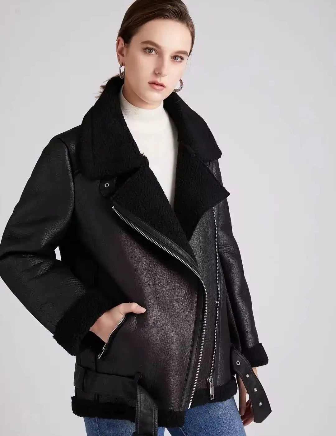 Vegan Shearling Lined Faux Leather Biker Jacket | Jackets Daverri Fashions