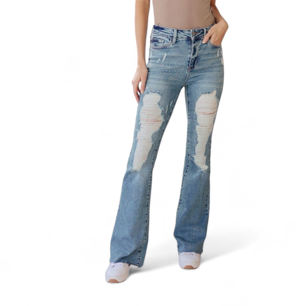 Light Wash High Rise Heavy Destroyed Flare Jeans | Jeans Daverri Fashions