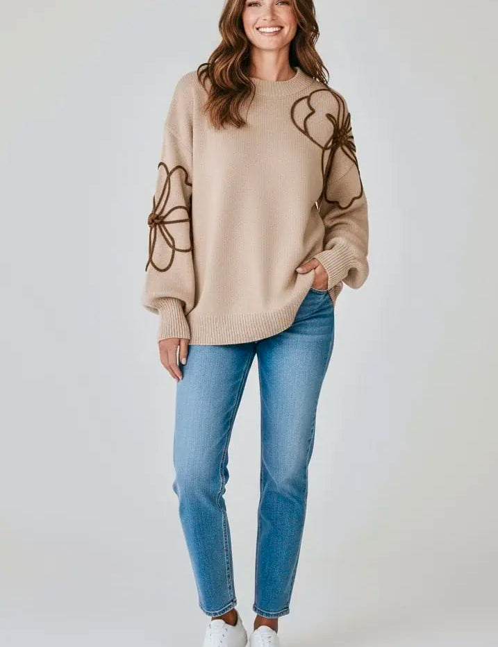 Floral Round Neck Drop Shoulder Sweater | Sweaters Daverri Fashions