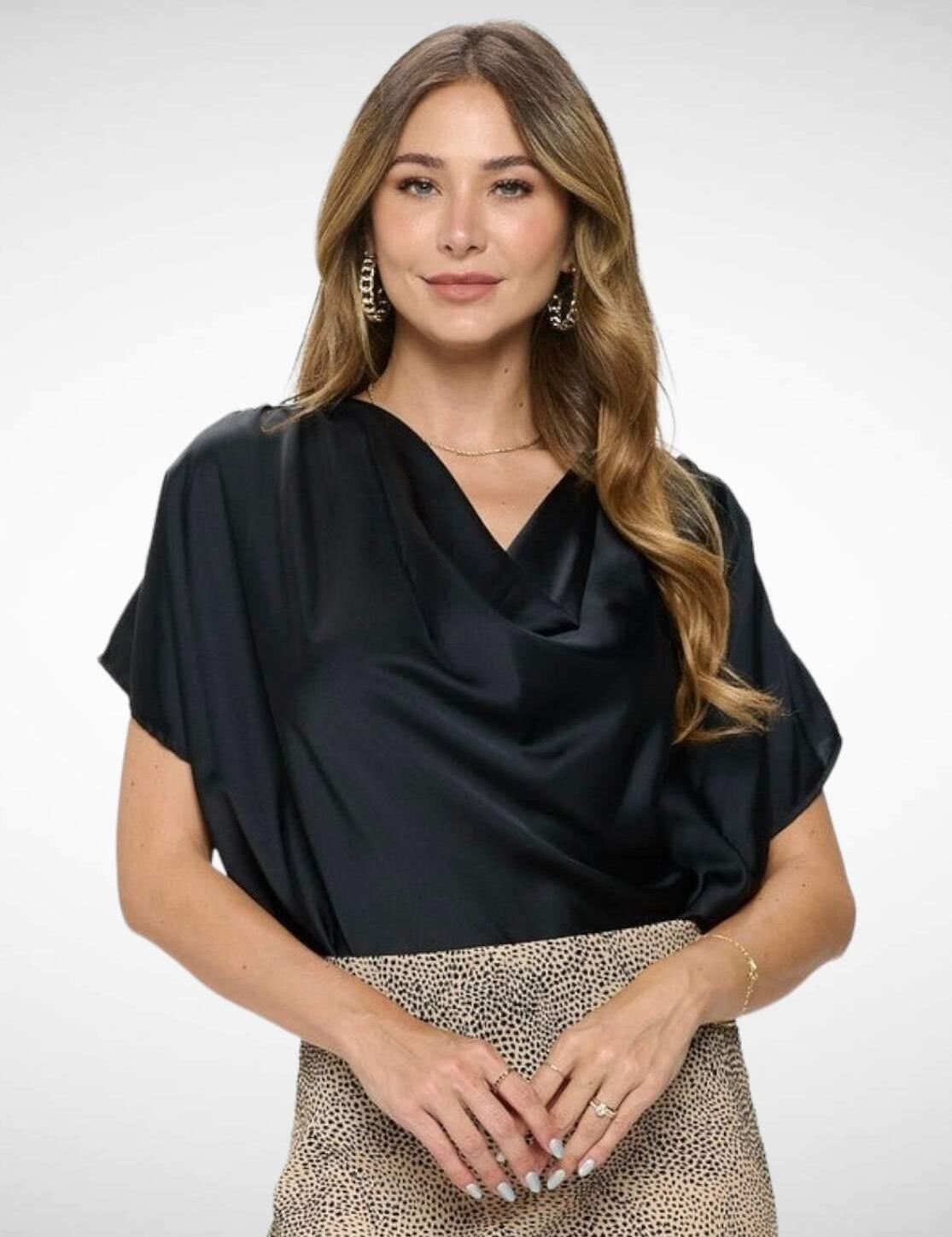 Black Satin Cowl Neck Short Sleeve Top | Shirts & Tops Daverri Fashions