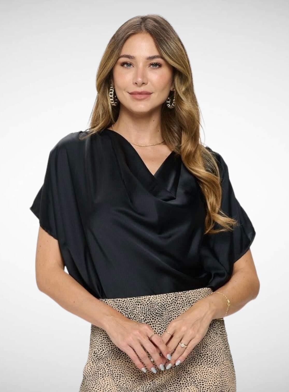Black Satin Cowl Neck Short Sleeve Top | Shirts & Tops Daverri Fashions