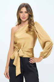 Stretch Satin One Shoulder Formal Top with Tie | Blouses Daverri Fashions
