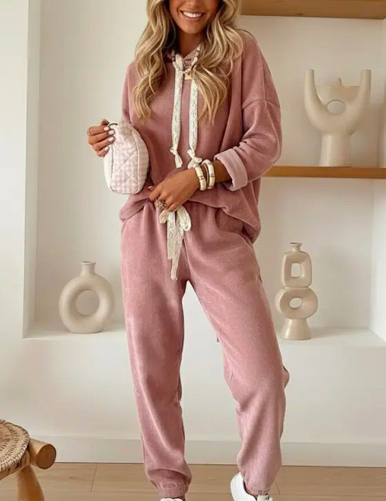 Lace Detail Dropped Shoulder Hoodie and Pants Set | Loungewear Daverri Fashions