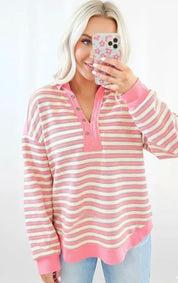 Striped Buttoned V Neck Collared Drop Shoulder Top | Tops/Long Sleeve Tops Daverri Fashions