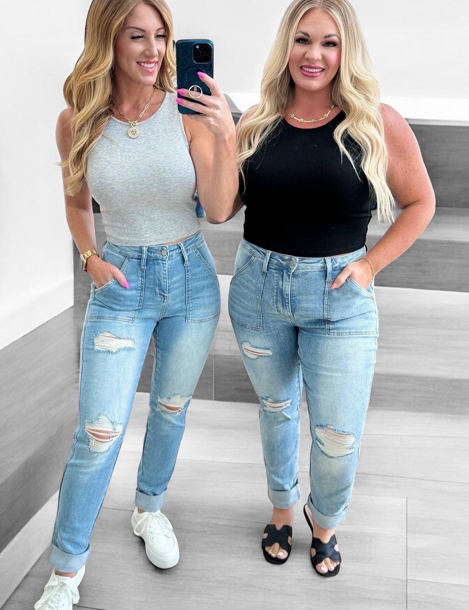 Judy Blue High Rise Patch Pocket Distressed Boyfriend Jeans | Jeans Daverri Fashions