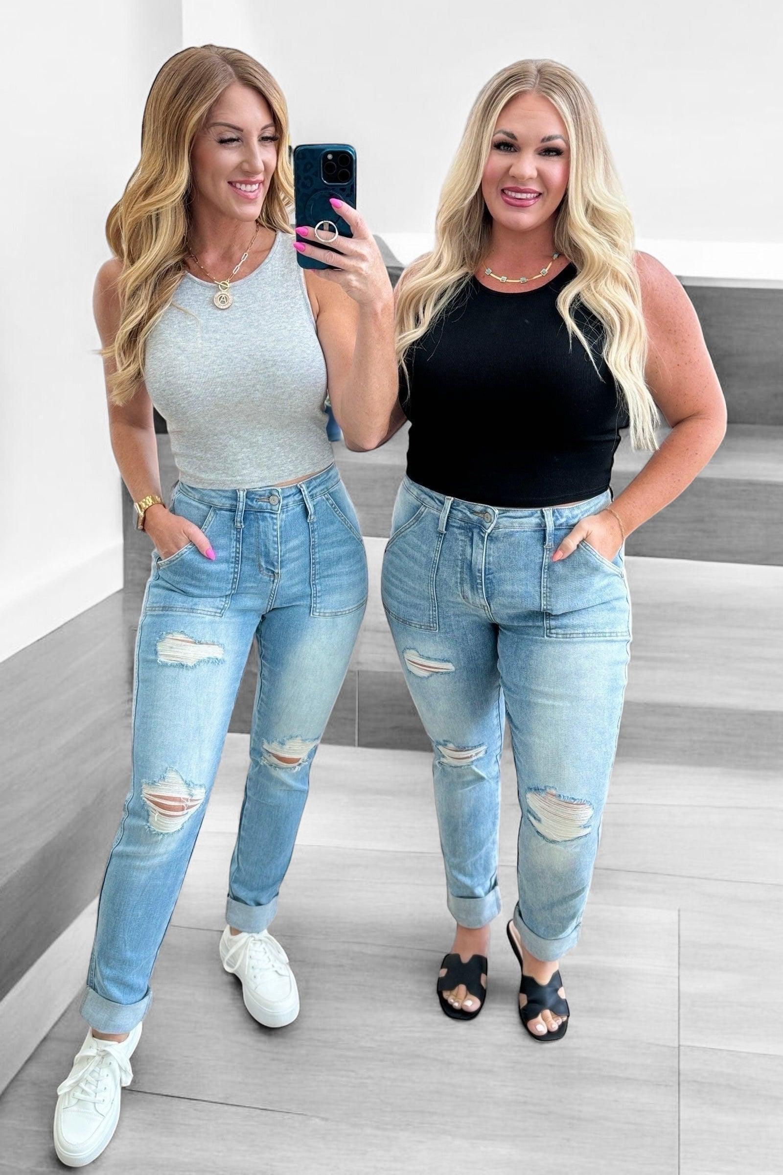 Judy Blue High Rise Patch Pocket Distressed Boyfriend Jeans | Jeans Daverri Fashions