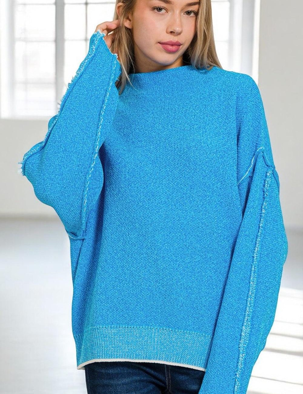 Exposed Seam Mock Neck Long Sleeve Sweater | Sweaters Daverri Fashions