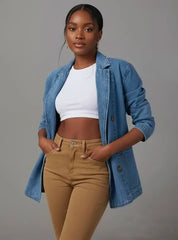 Pocketed Lapel Collar Long Sleeve Denim Jacket