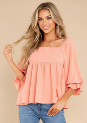 Smocked Square Neck Flounce Sleeve Blouse