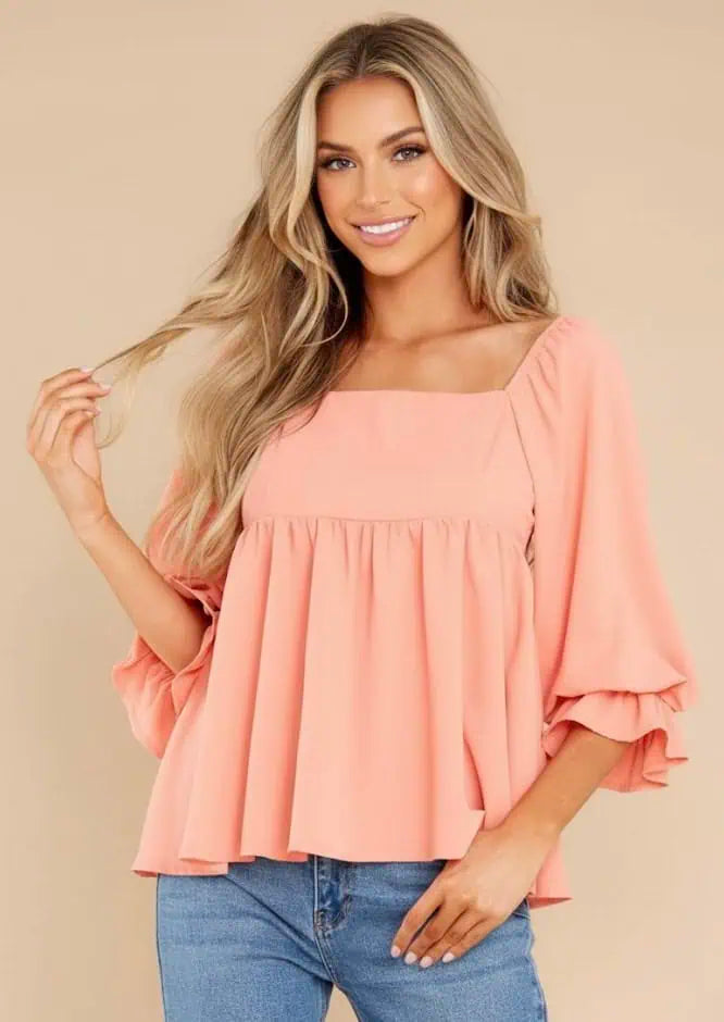 Smocked Square Neck Flounce Sleeve Blouse