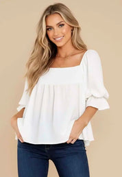 Smocked Square Neck Flounce Sleeve Blouse