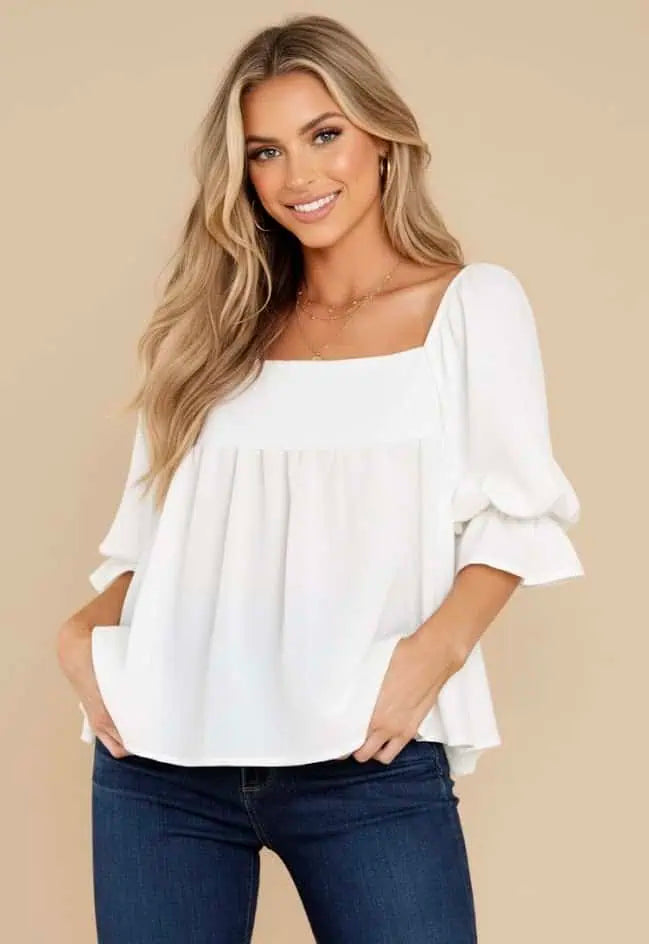Smocked Square Neck Flounce Sleeve Blouse