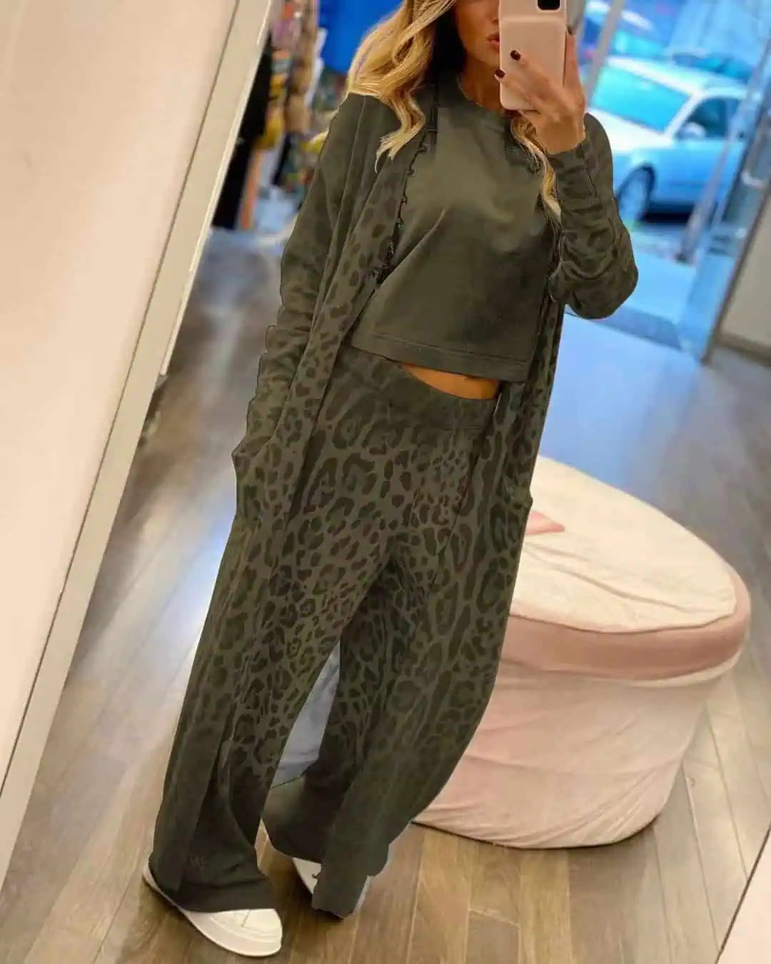 Long Sleeve Leopard Print Longline Top and Pants Set | Loungewear Sets Daverri Fashions