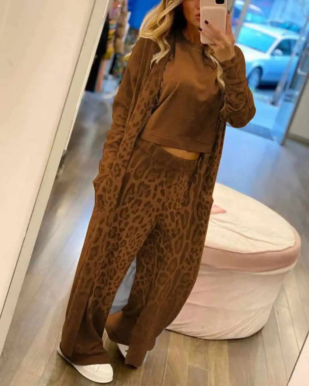 Long Sleeve Leopard Print Longline Top and Pants Set | Loungewear Sets Daverri Fashions