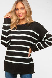 Haptics Full Size Striped Contrast Side Slit Sweater | Sweaters Daverri Fashions