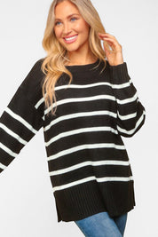 Haptics Full Size Striped Contrast Side Slit Sweater | Sweaters Daverri Fashions