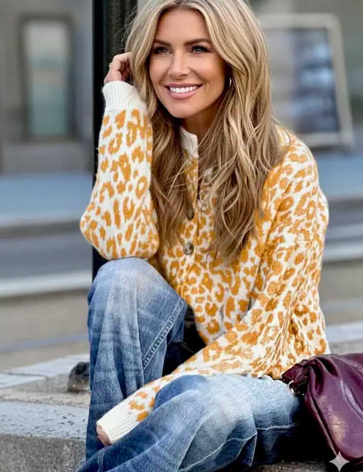 Leopard Drop Shoulder Chunky Knitted Cardigan | Cardigans Daverri Fashions