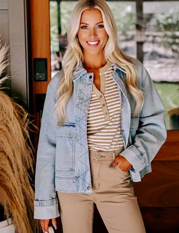 Zip Up Drop Shoulder Denim Jacket | Denim Jackets Daverri Fashions