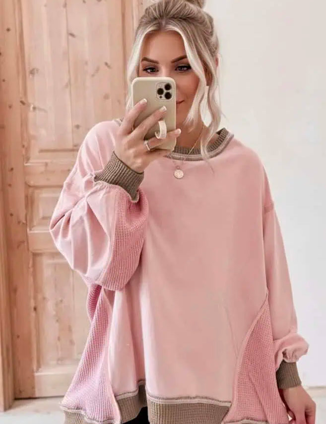 Color Block Mix Texture Waffle Patchwork Oversize Sweatshirt | Swestshirts Daverri Fashions