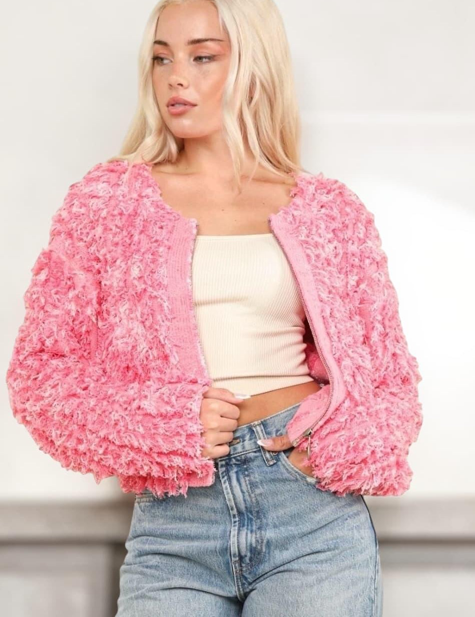 VERY J Shaggy Yarn Knit Zip Up Jacket Pink | Tops Daverri Fashions