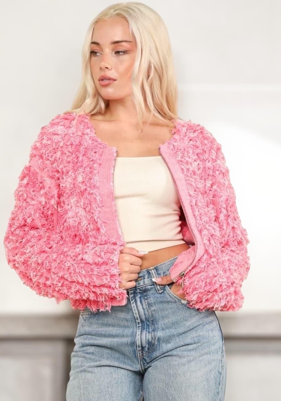 VERY J Shaggy Yarn Knit Zip Up Jacket Pink | Tops Daverri Fashions