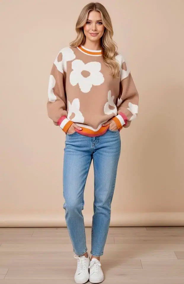 Flower Pattern Contrast Striped Baggy Sweater | Sweaters Daverri Fashions