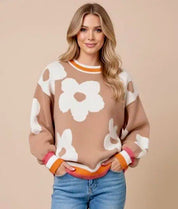 Flower Pattern Contrast Striped Baggy Sweater | Sweaters Daverri Fashions