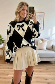 Bow Pattern Long Sleeve Contrast Sweater