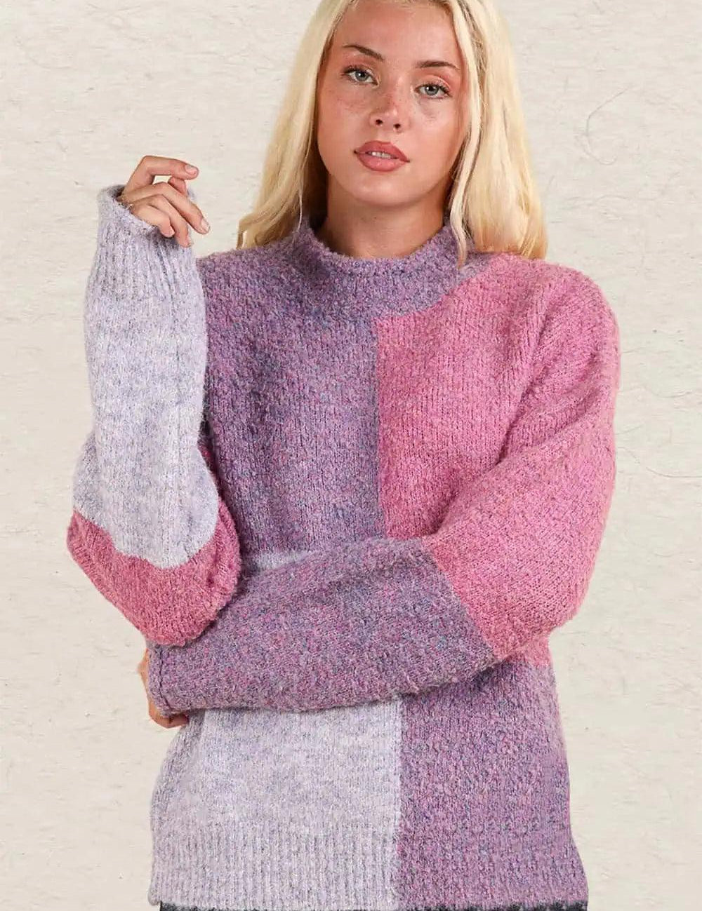 VERY J Color Block Mock Neck Drop Shoulder Sweater Purple | Sweaters Daverri Fashions