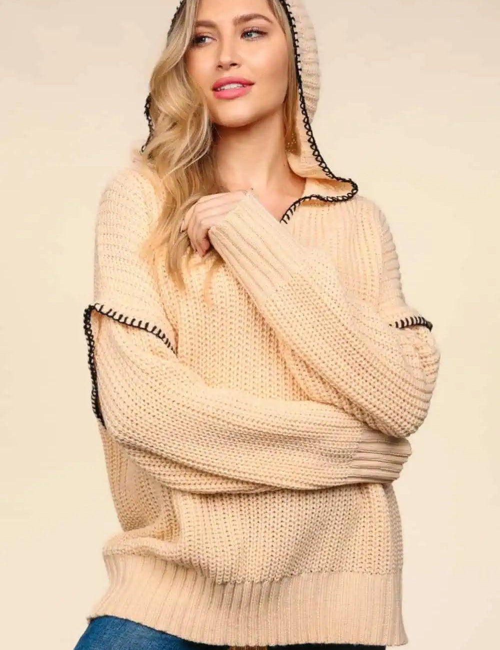 Haptics Contrast Stitching Long Sleeve Hooded Sweater | Sweaters Daverri Fashions