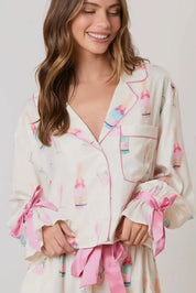 Bow Printed Collared Neck Top and Drawstring Shorts Lounge Set | Loungewear Sets Daverri Fashions