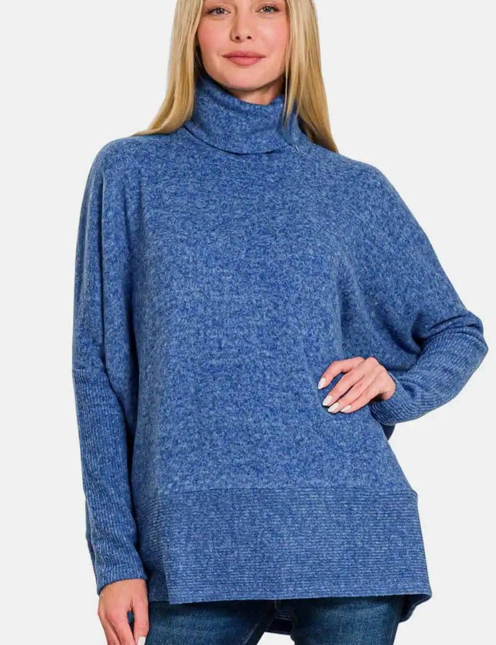 Brushed Melange Hacci Blue Turtleneck Sweater | Sweaters Daverri Fashions
