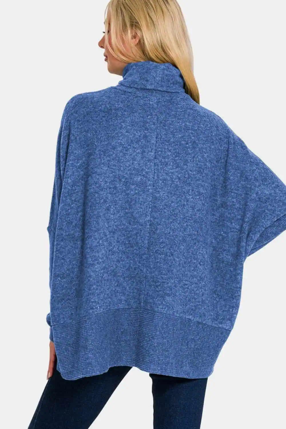 Brushed Melange Hacci Blue Turtleneck Sweater | Sweaters Daverri Fashions