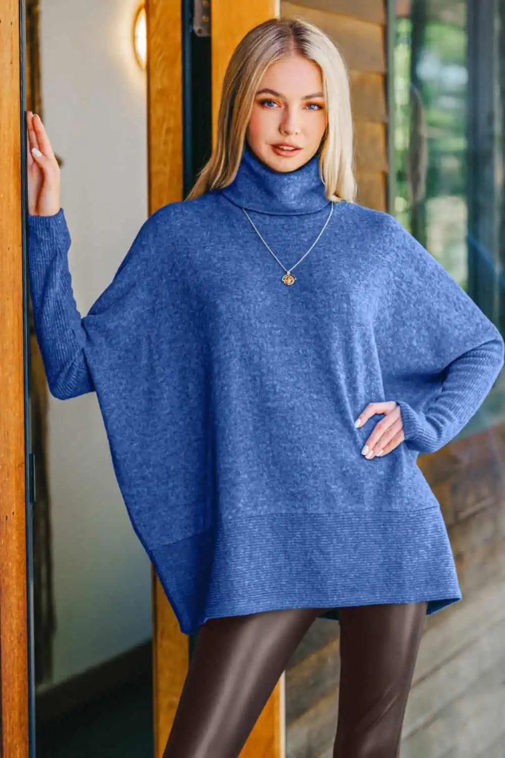 Brushed Melange Hacci Blue Turtleneck Sweater | Sweaters Daverri Fashions