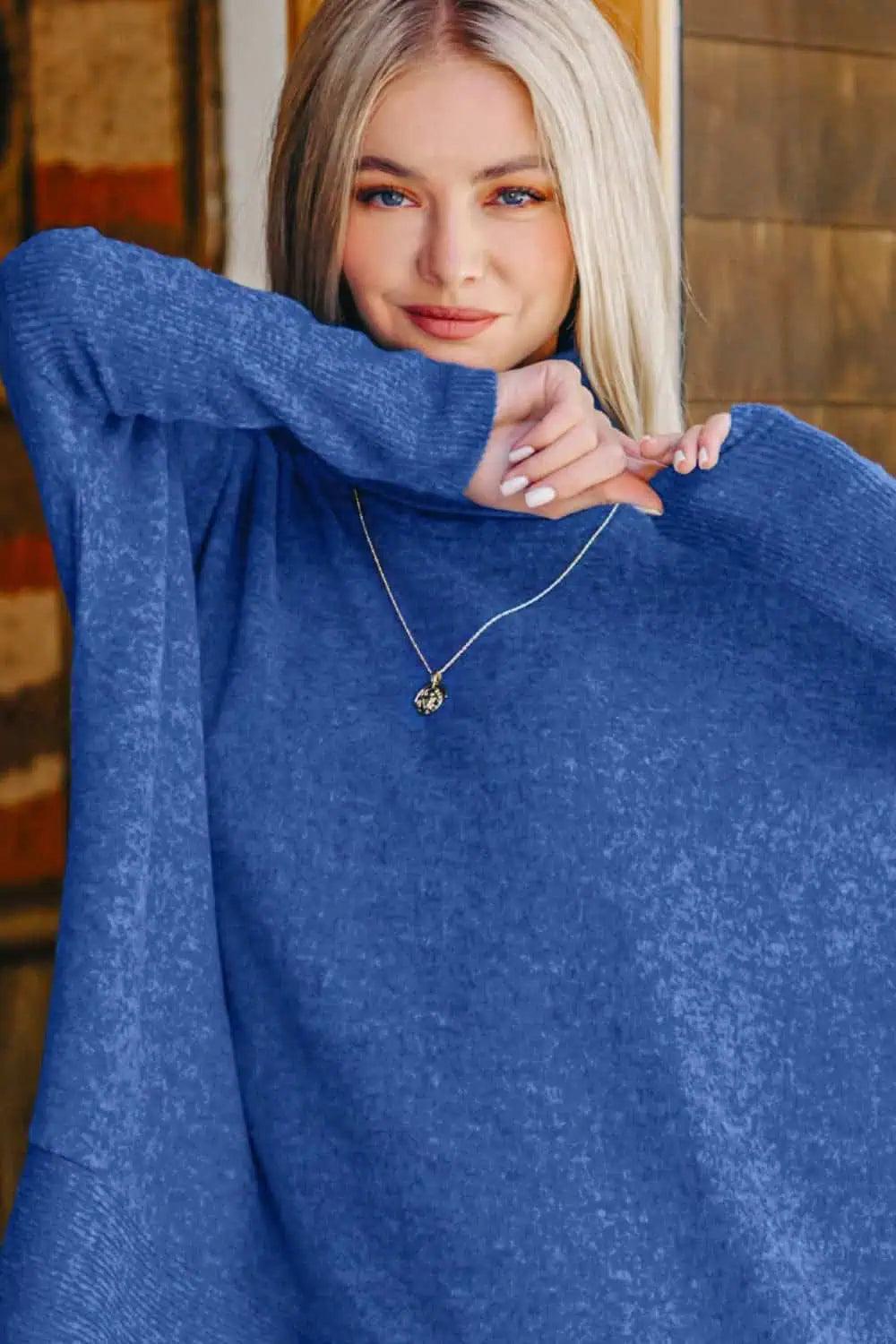 Brushed Melange Hacci Blue Turtleneck Sweater | Sweaters Daverri Fashions